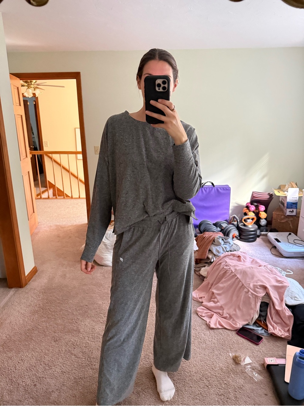 Fabletics Gray Soft Knit Lounge Set - Long Sleeve Top & Wide Pants